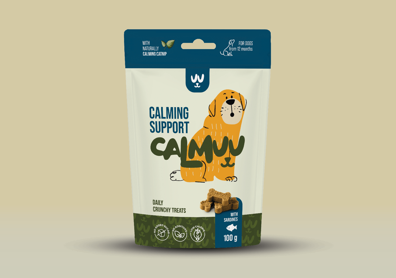 Calmuu Calm Support pasji priboljški - sardine & mačja meta 100 g – sprednja embalaža pomirjujočih pasjih priboljškov