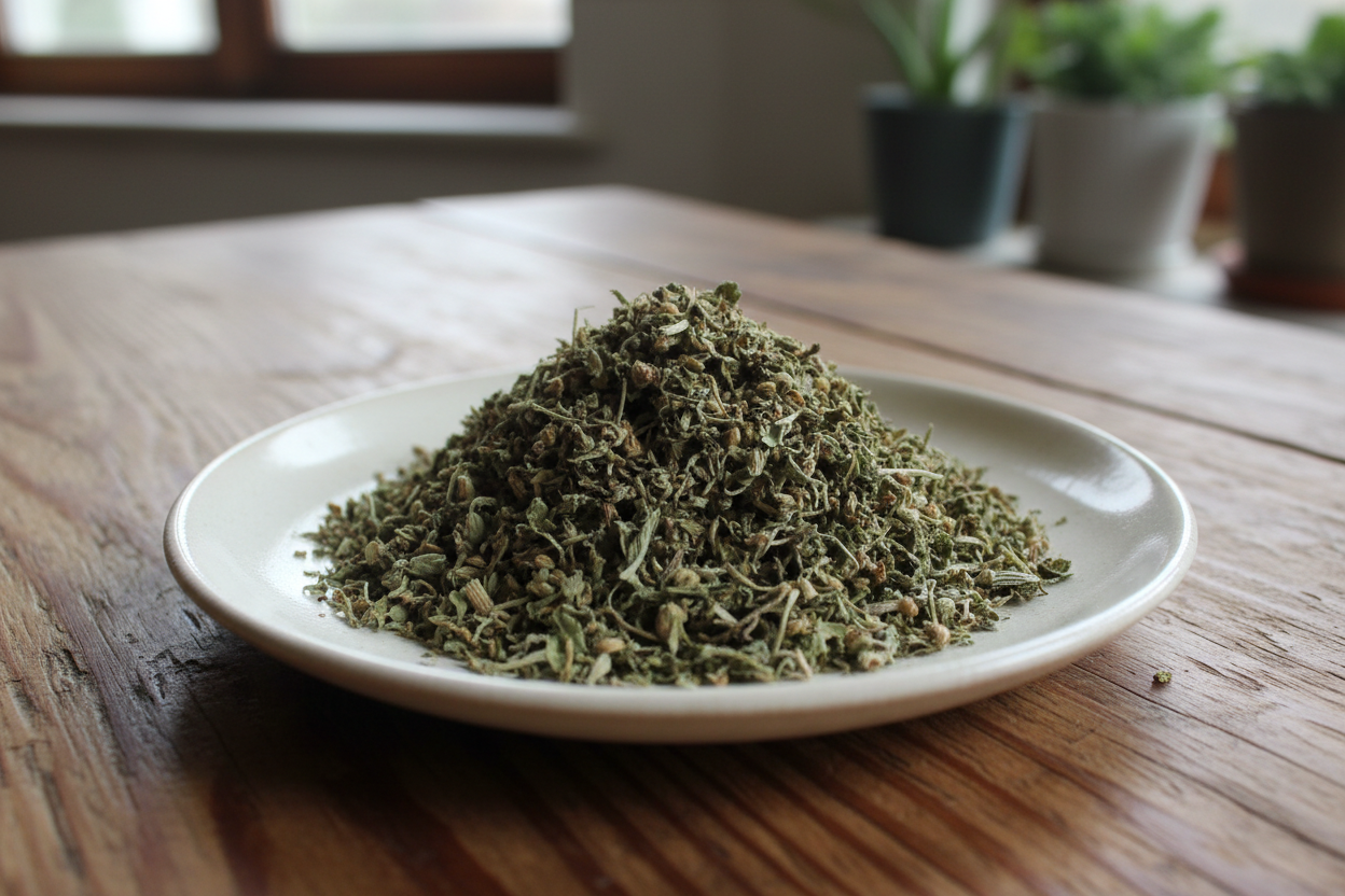dried catnip image in a testful plate, served on a wooden table