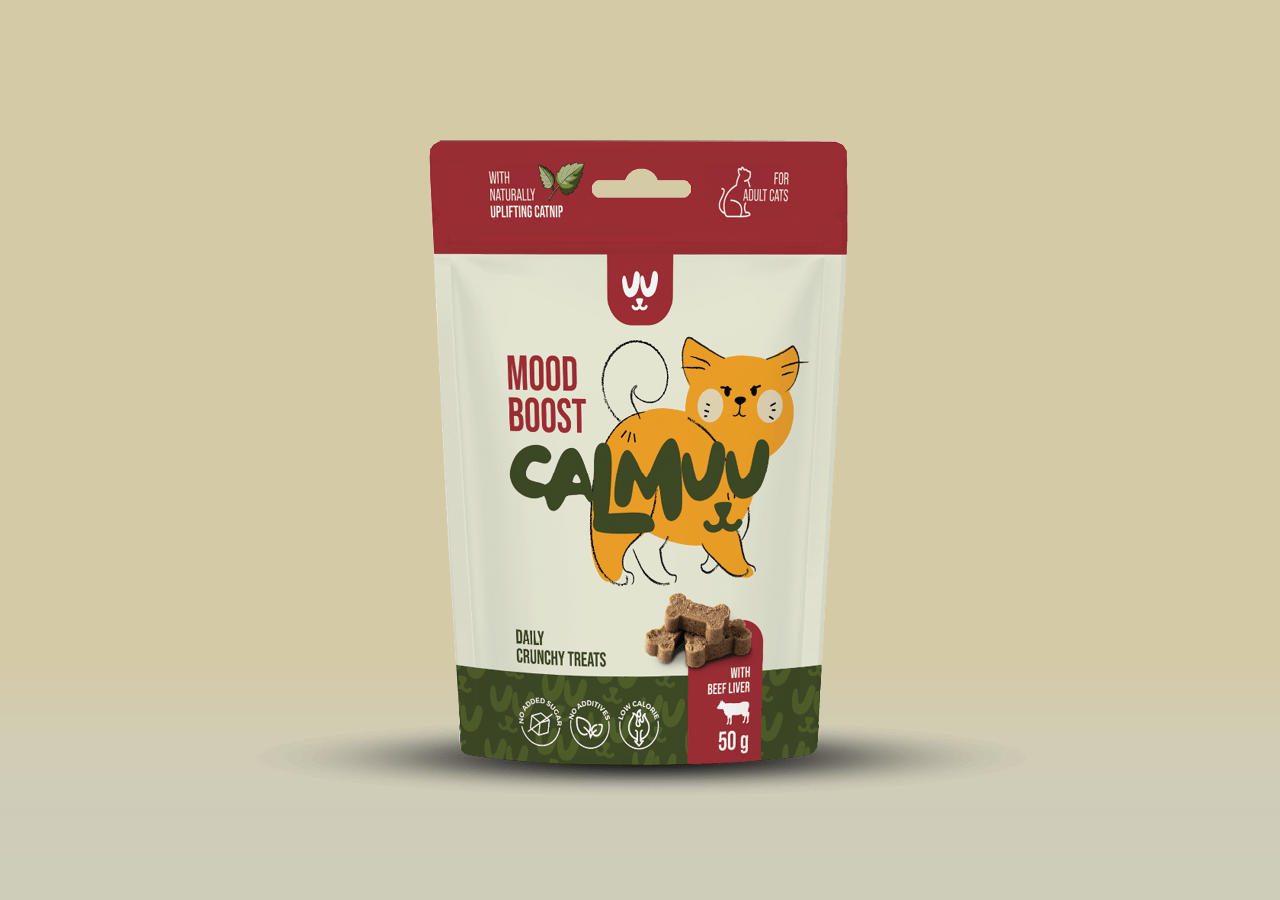 Calmuu Mood Boost govedina & mačja meta 50 g – sprednja embalaža mačjih priboljškov